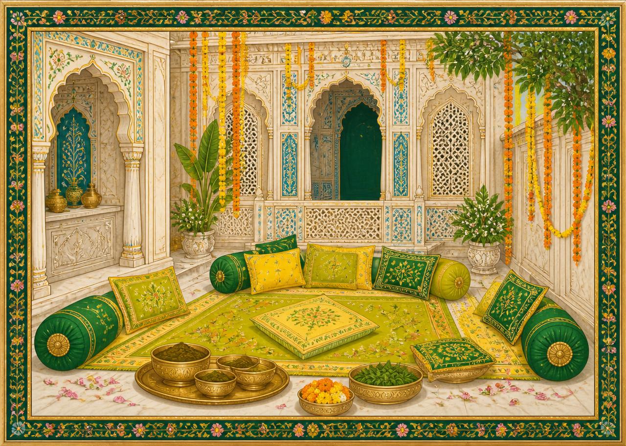 Illustrated marble haveli courtyard set for a mehendi ceremony with henna bowls and marigold garlands