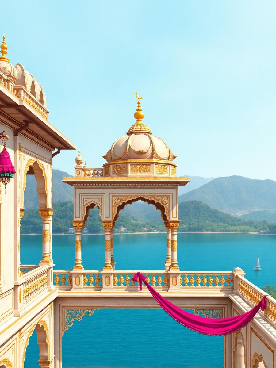 Marigold garlands hung across a scalloped Mewar arch above Lake Pichola