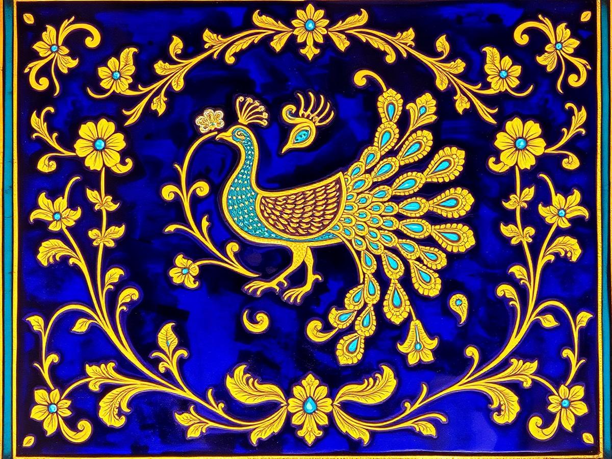 Gold and magenta enamel meenakari work on a jharokha balcony panel