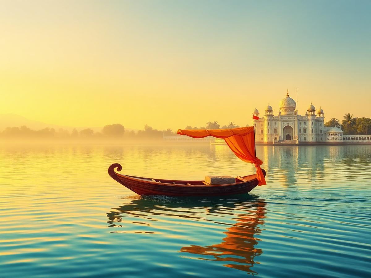 Chhatri domes of a white marble palace against a saffron Udaipur sunset